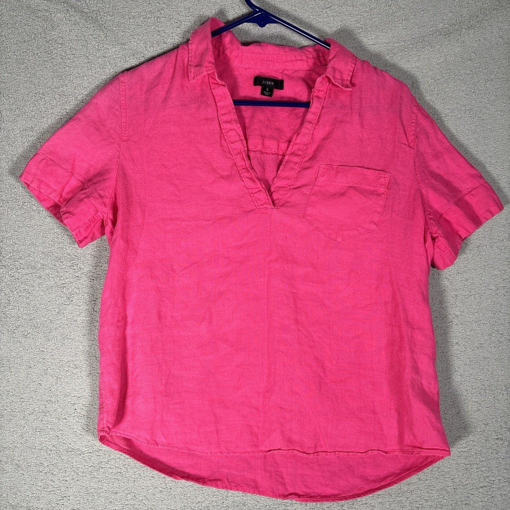 J.Crew Womens Pink 100% Linen Short Sleeve Split V-Neck Pocket Tunic Top‎ Size S